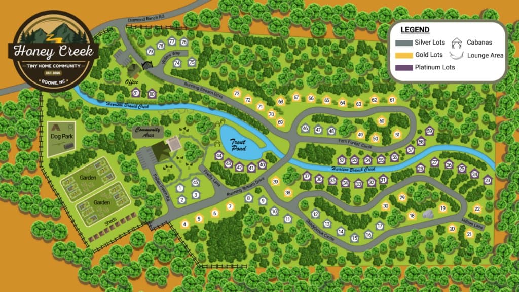 Illustrated Honey Creek Tiny Home Community site map with lots around a trout pond and creek, Boone NC, dated 2026