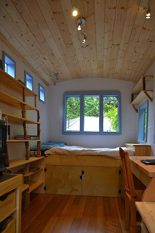 Interior of Tiny House on Wheels Serving as Office and Micro Guest House