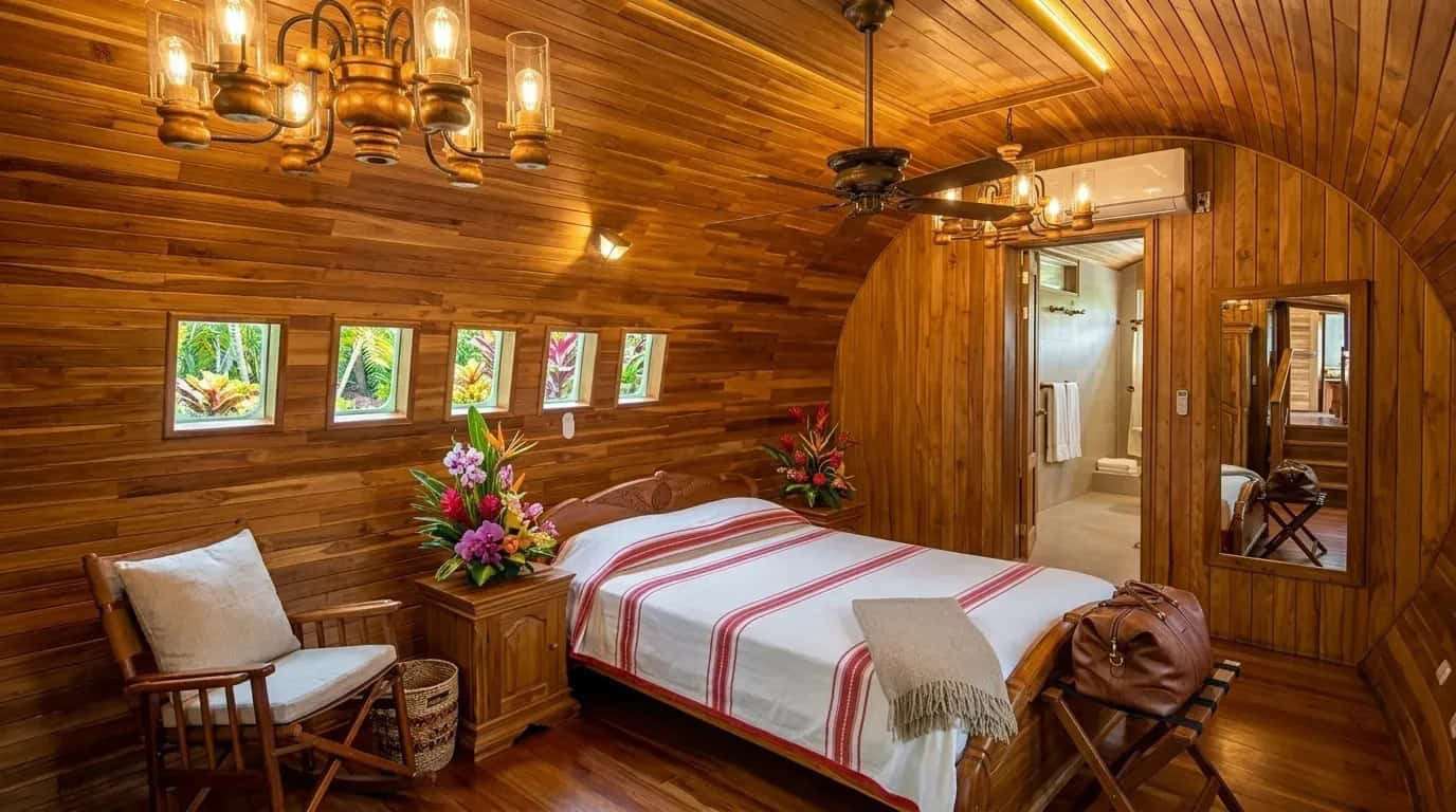 Wood-paneled bedroom inside the 727 fuselage with queen bed, airplane windows, and tropical flowers