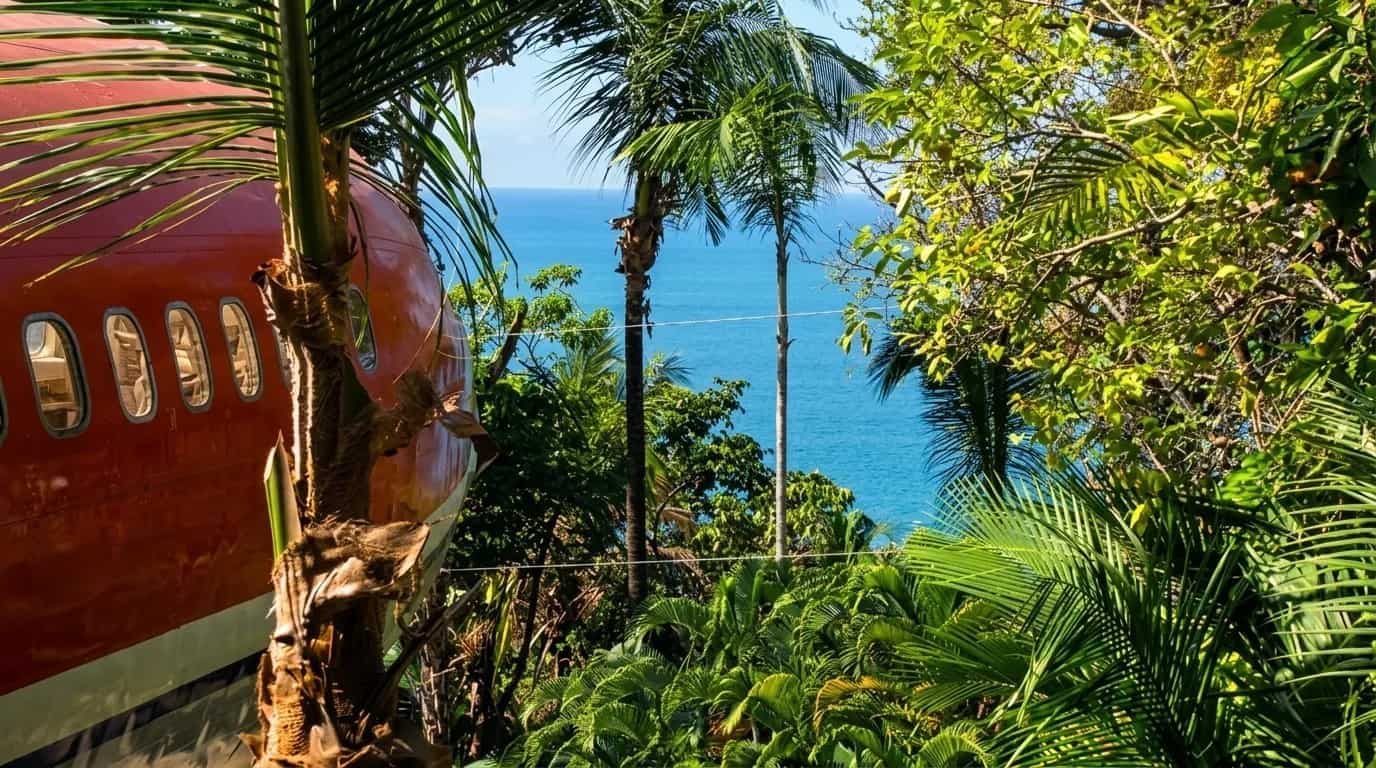 Red-and-white Boeing 727 fuselage nestled in tropical palms with Pacific Ocean view, Hotel Costa Verde