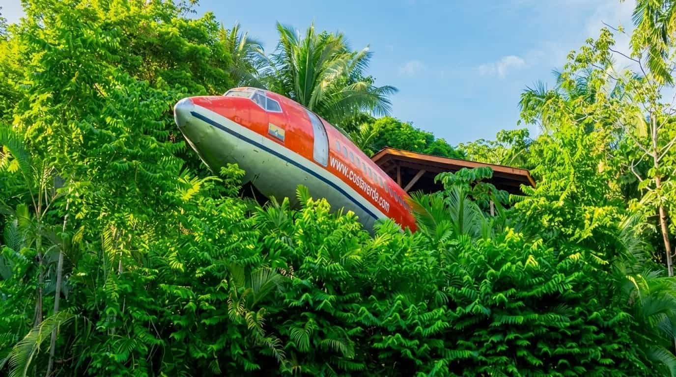 Nose and cockpit of the Costa Verde 727 Fuselage Home emerging from dense jungle foliage