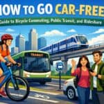 Illustration of a woman cycling, a bus, and a couple using rideshare in an urban setting.