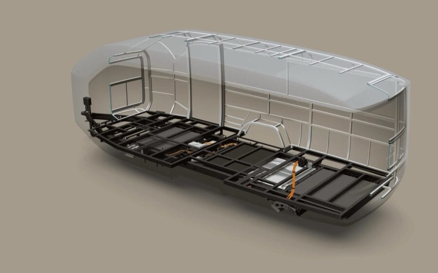 Electric tiny house trailer frame for off-grid living with lightweight design.