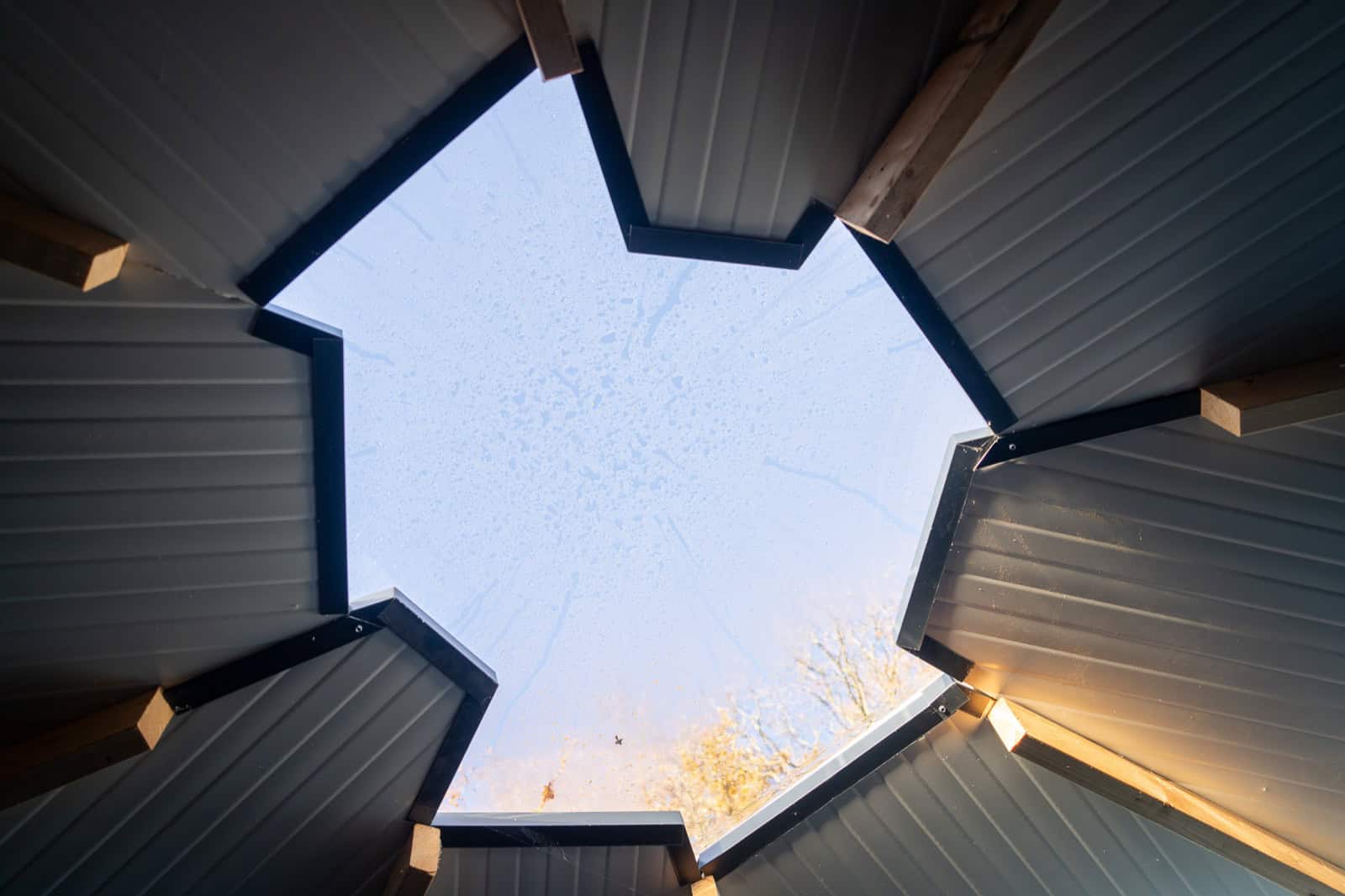 Looking up at the round skylight in the center of the UFO Spaceship ceiling