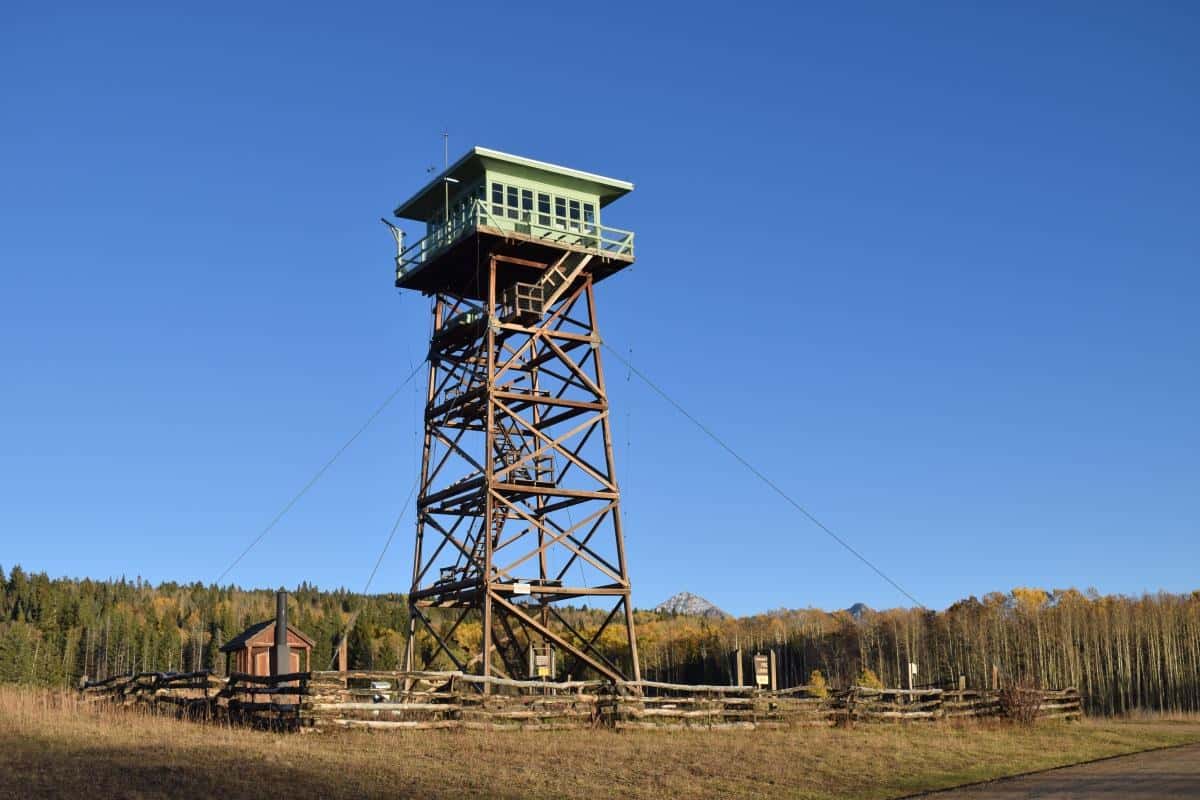 Jersey Jim Lookout: full timber fire tower with mint cab in an aspen-lined meadow, guy wires, autumn aspens