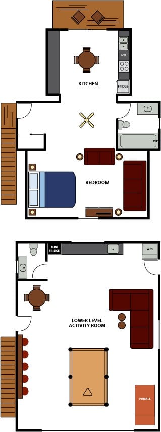 Floor plan of Kay's Nest showing the upper studio with kitchen, bath, and bedroom and the lower-level activity room