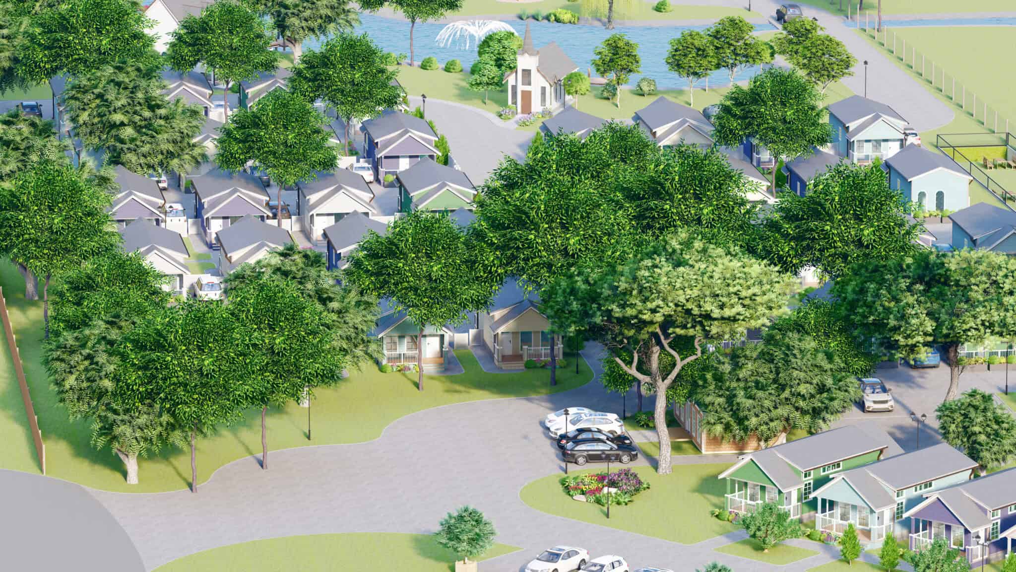Aerial view of the front of Liberty Tiny Village showing the gated entry, streets, and pond
