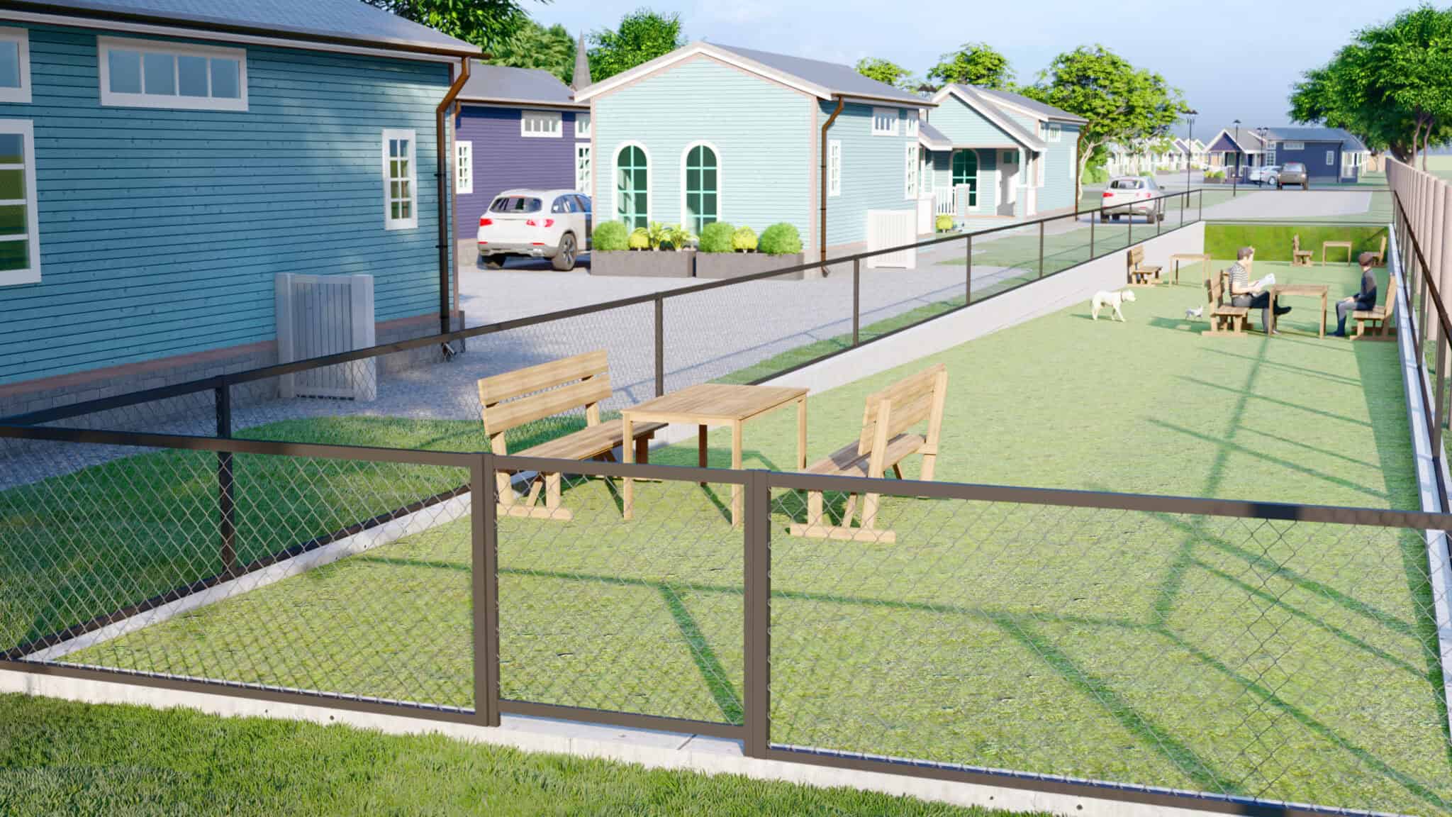 Dog park and detention pond at Liberty Tiny Village