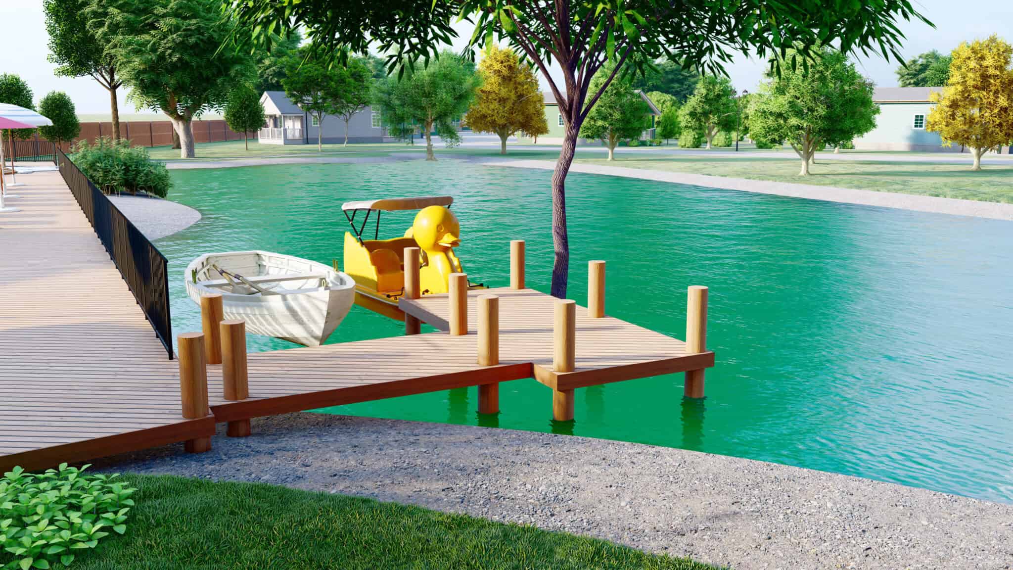 Fishing dock on the pond at Liberty Tiny Village