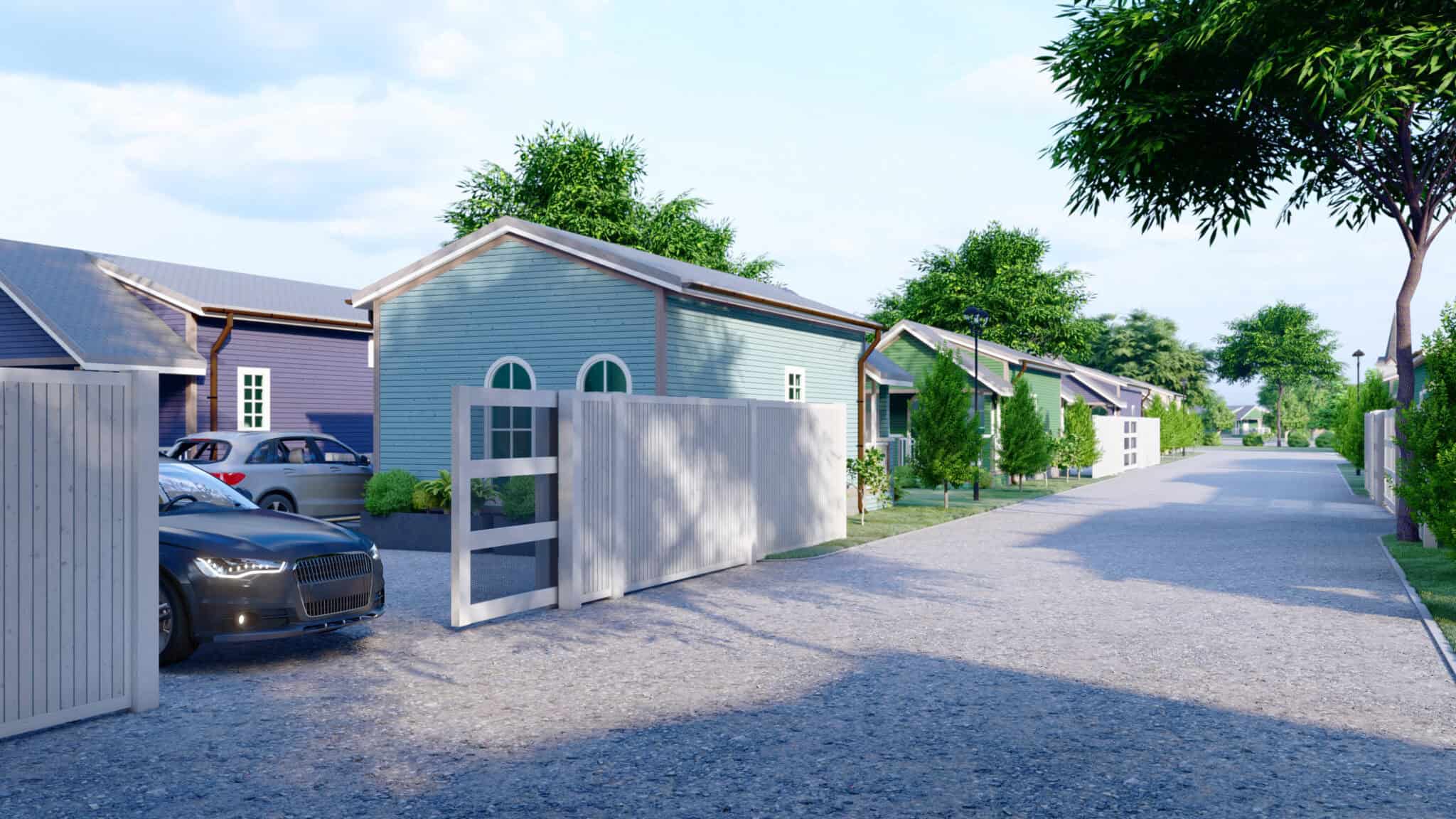 Main street view with alley gate at Liberty Tiny Village