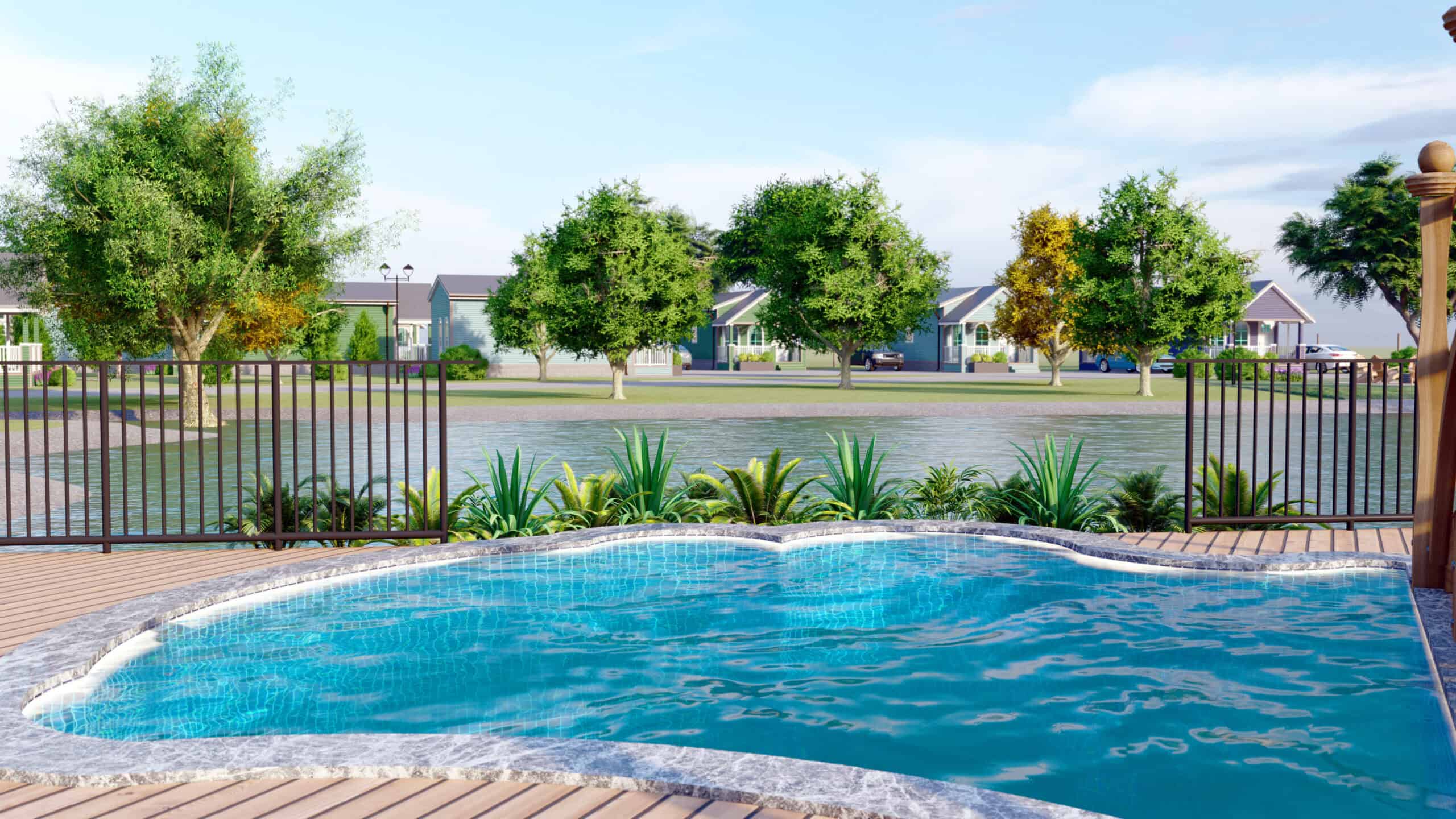 Pool overlooking the pond at Liberty Tiny Village