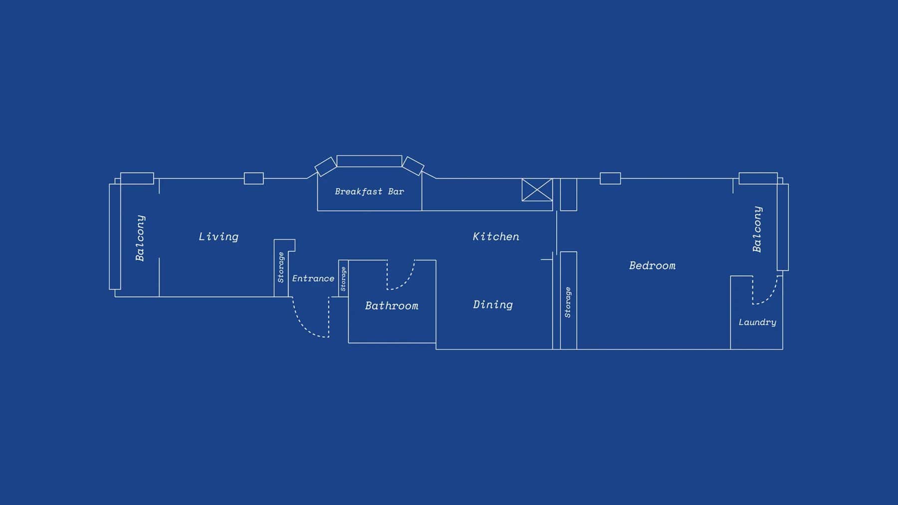 Floor plan of the long, narrow apartment showing balcony, living, kitchen, bathroom, dining, bedroom, and laundry