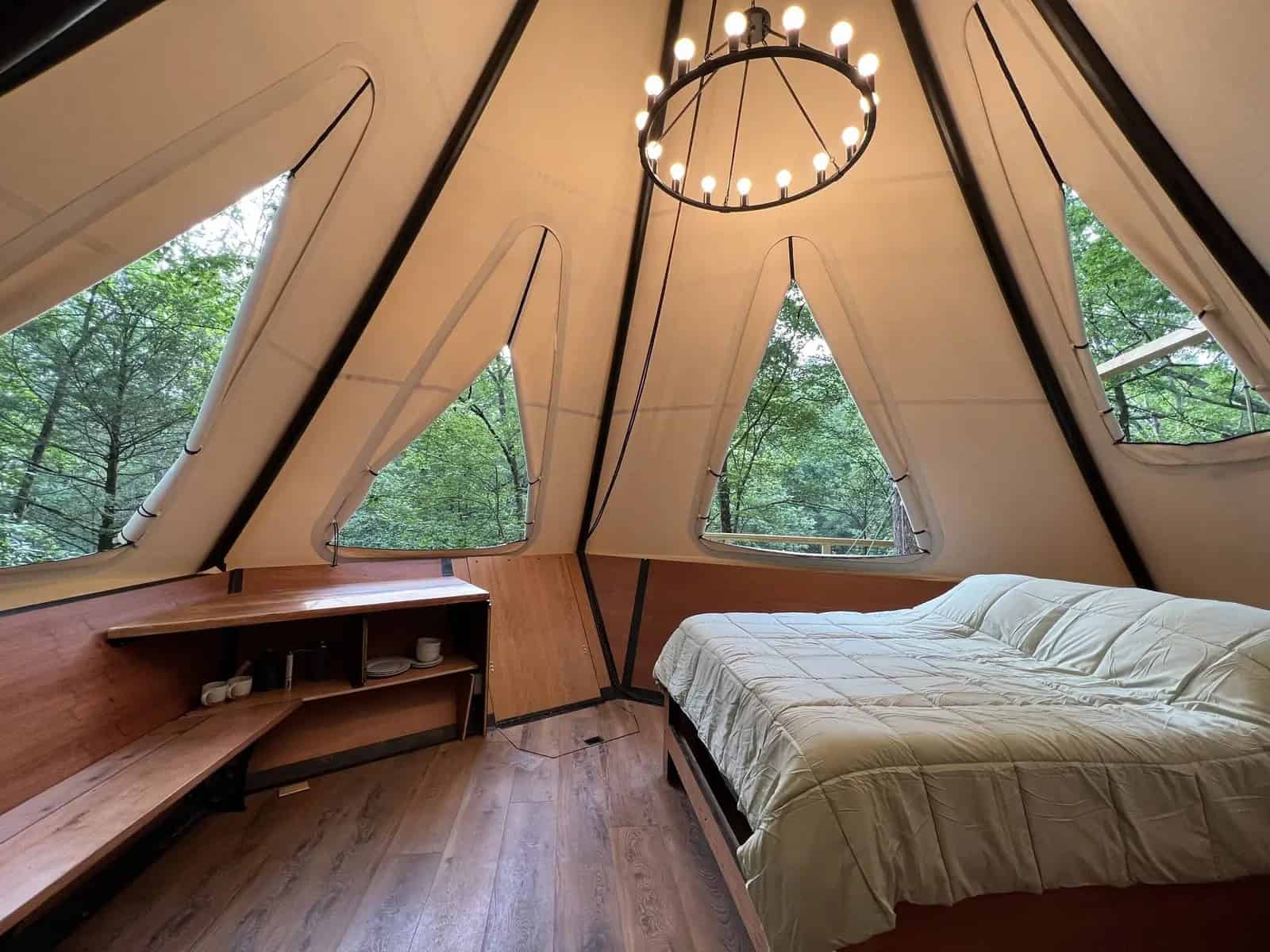Treehouse interior in warm golden light with panoramic windows