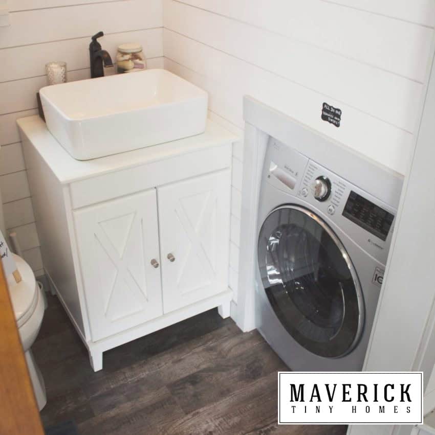 Maverick bathroom: white vessel sink on X-door vanity, laundry all-in-one in recessed nook, white shiplap