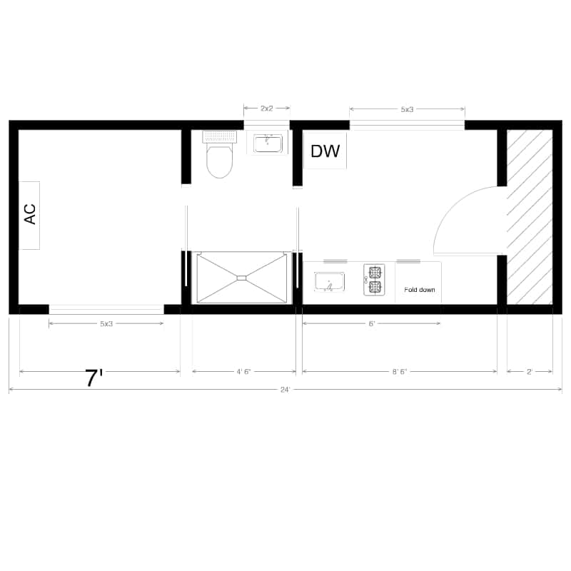 Floor plan of the Minimalist 8x16 tiny house on wheels
