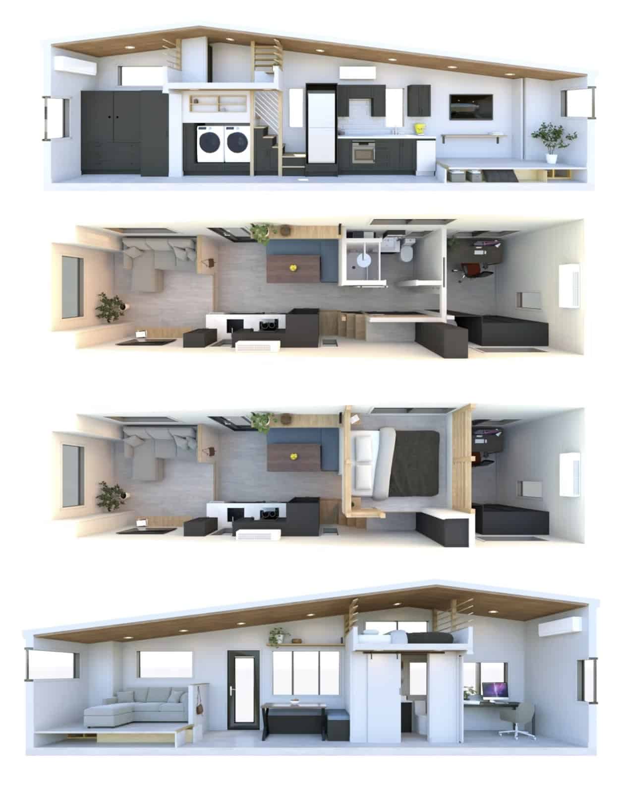 Floor plan cutaway renderings of the 380 square foot Minimaliste tiny house