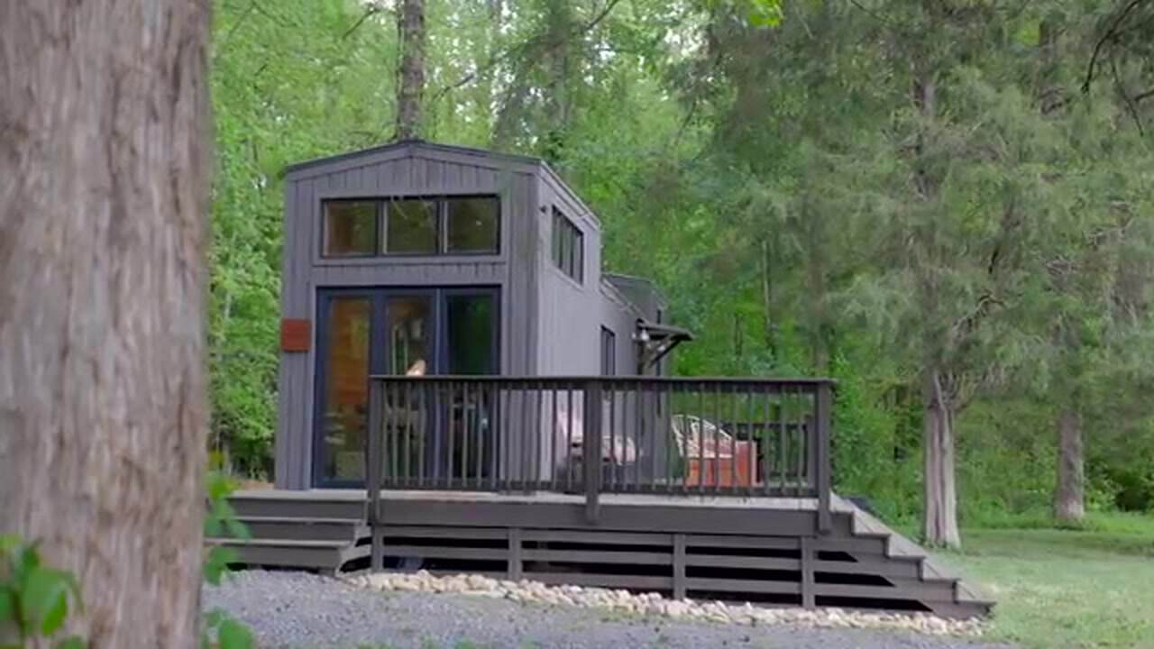 Dark-sided no-loft cottage in the trees with glass doors, transom windows, and a wraparound wood deck