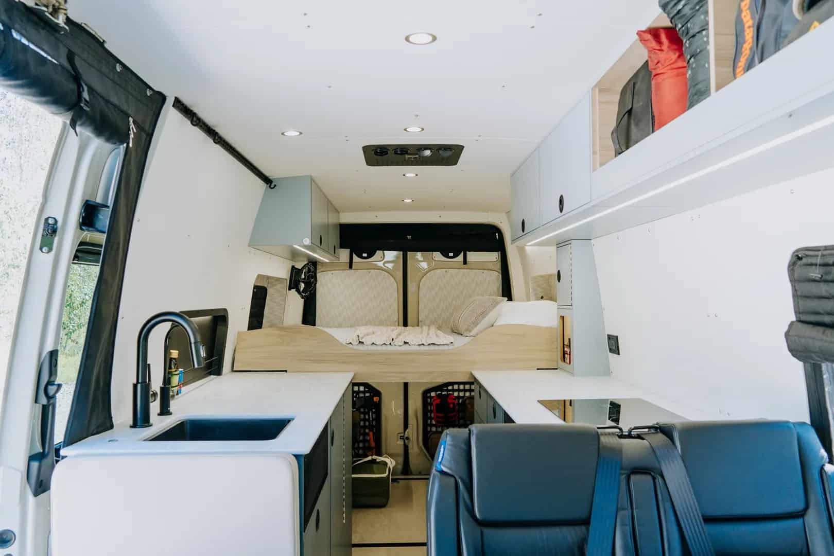 Nanuq galley kitchen with double-burner cooktop and counter space in the Logan01N Sprinter van