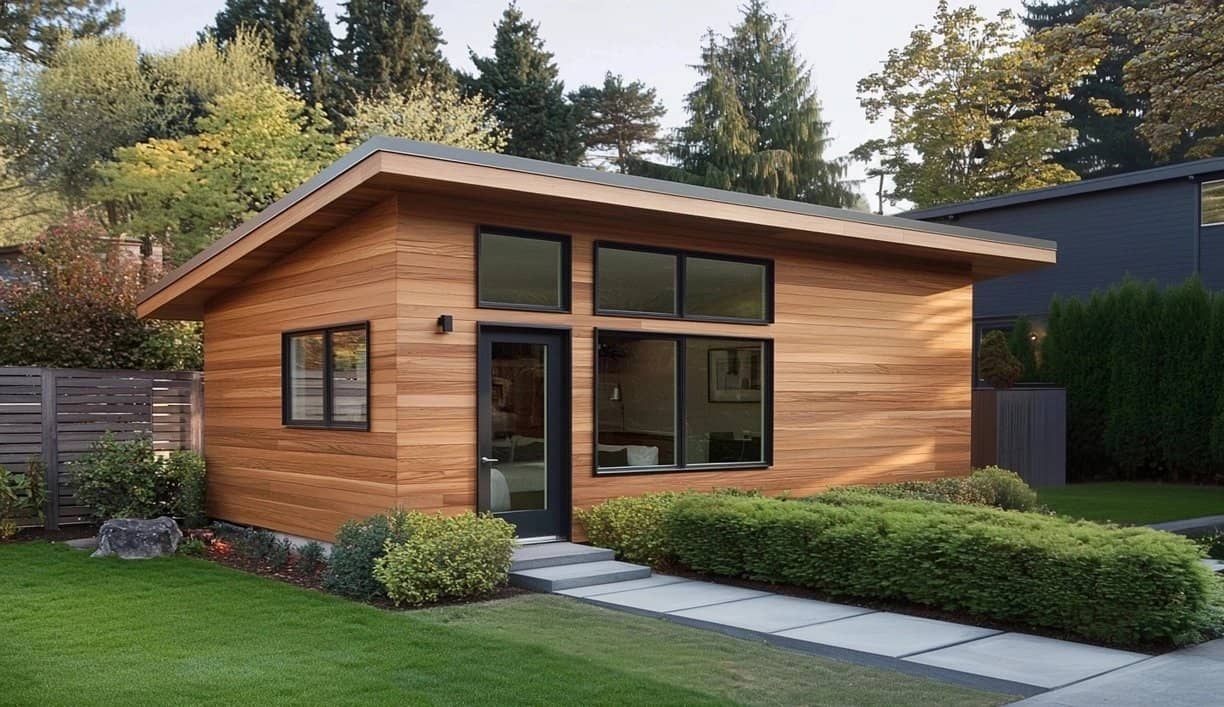 Nest Studio prefab ADU with horizontal wood siding, black-framed windows, and a front walkway lined with shrubs