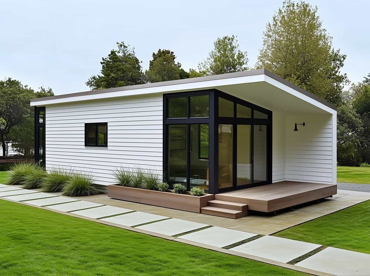 Nest One ADU with white lap siding, a single-slope roof, tall black-framed windows, and a small wood deck