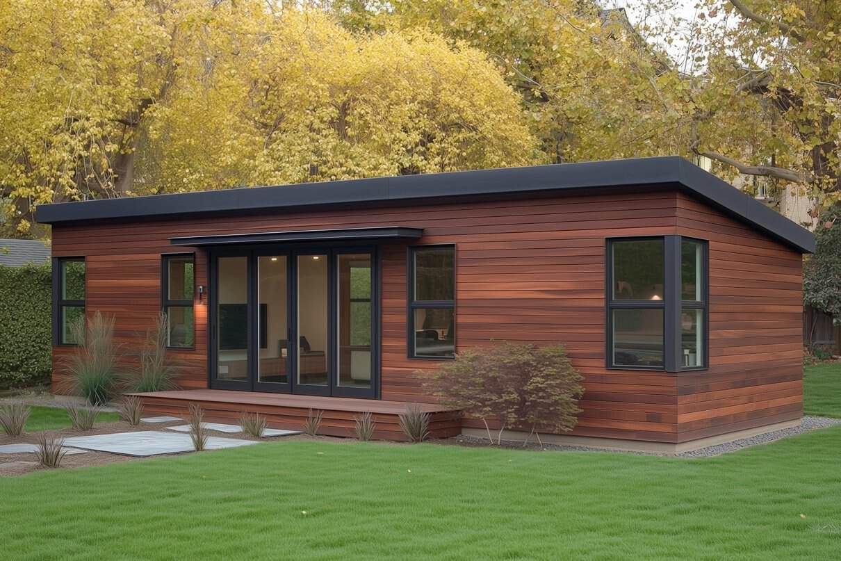 Nest Two ADU with dark-stained wood siding, a flat roof, and a row of black-framed windows in a leafy backyard