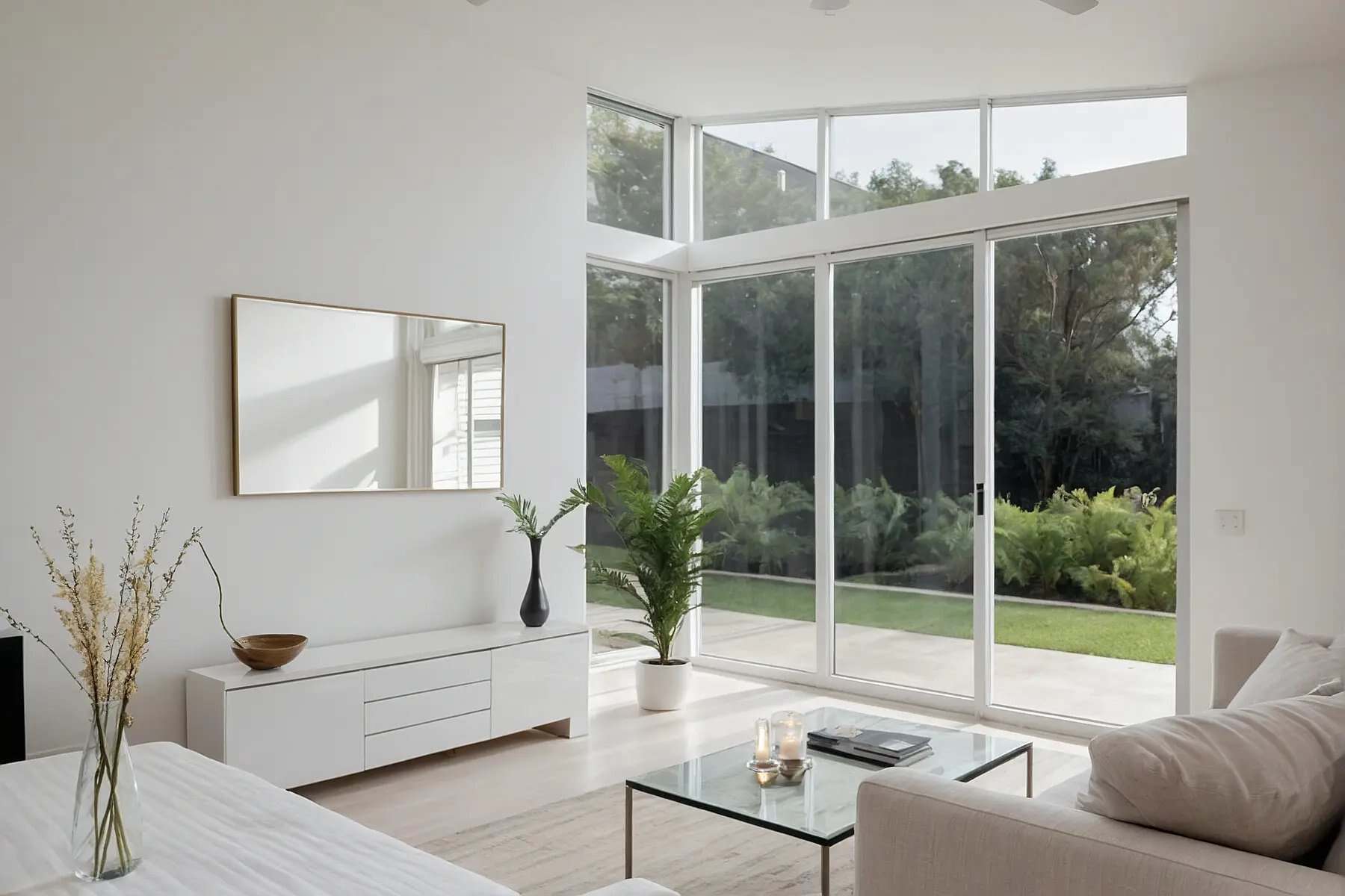 Bright living room with tall corner windows, a sliding glass door to the yard, a sofa, and a glass coffee table