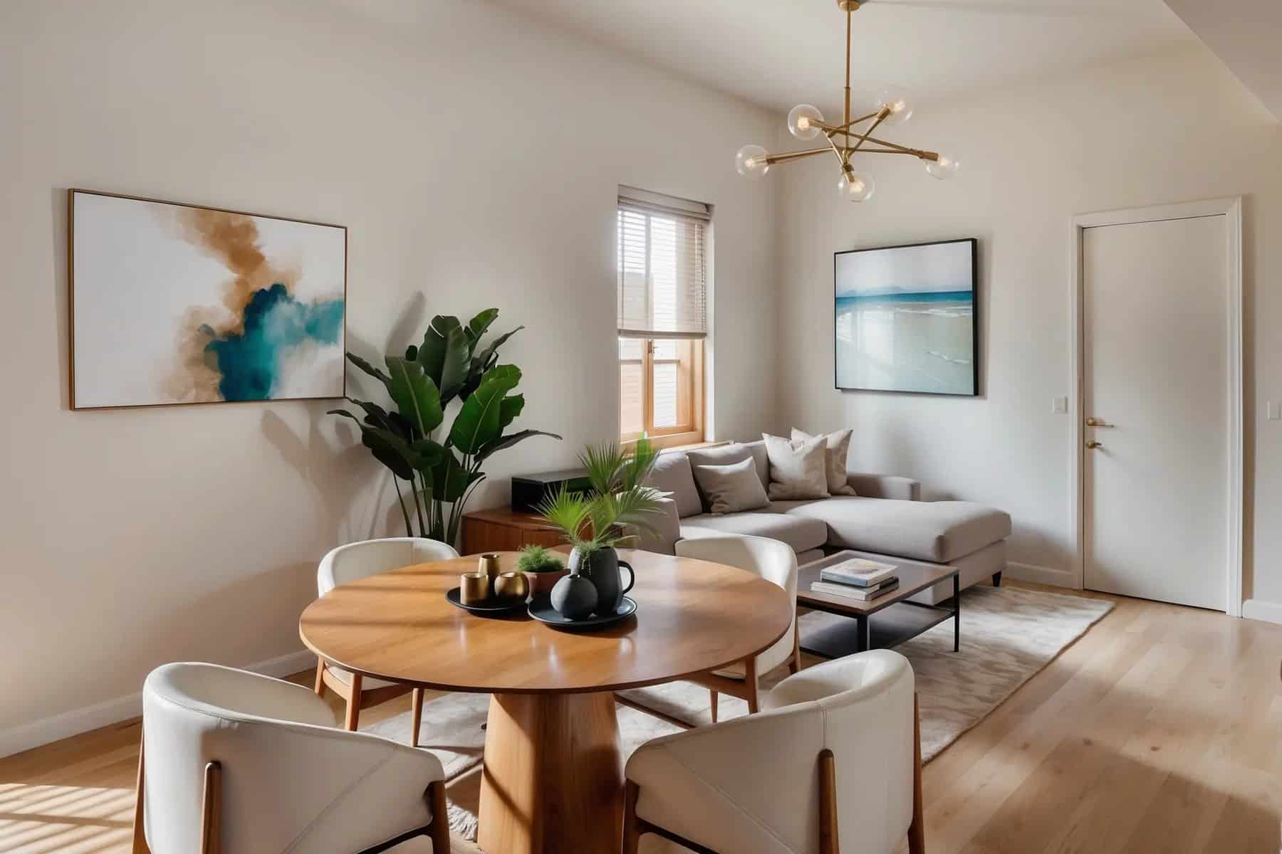 Nest Two living and dining area with a round wood table, sectional sofa, and modern brass chandelier