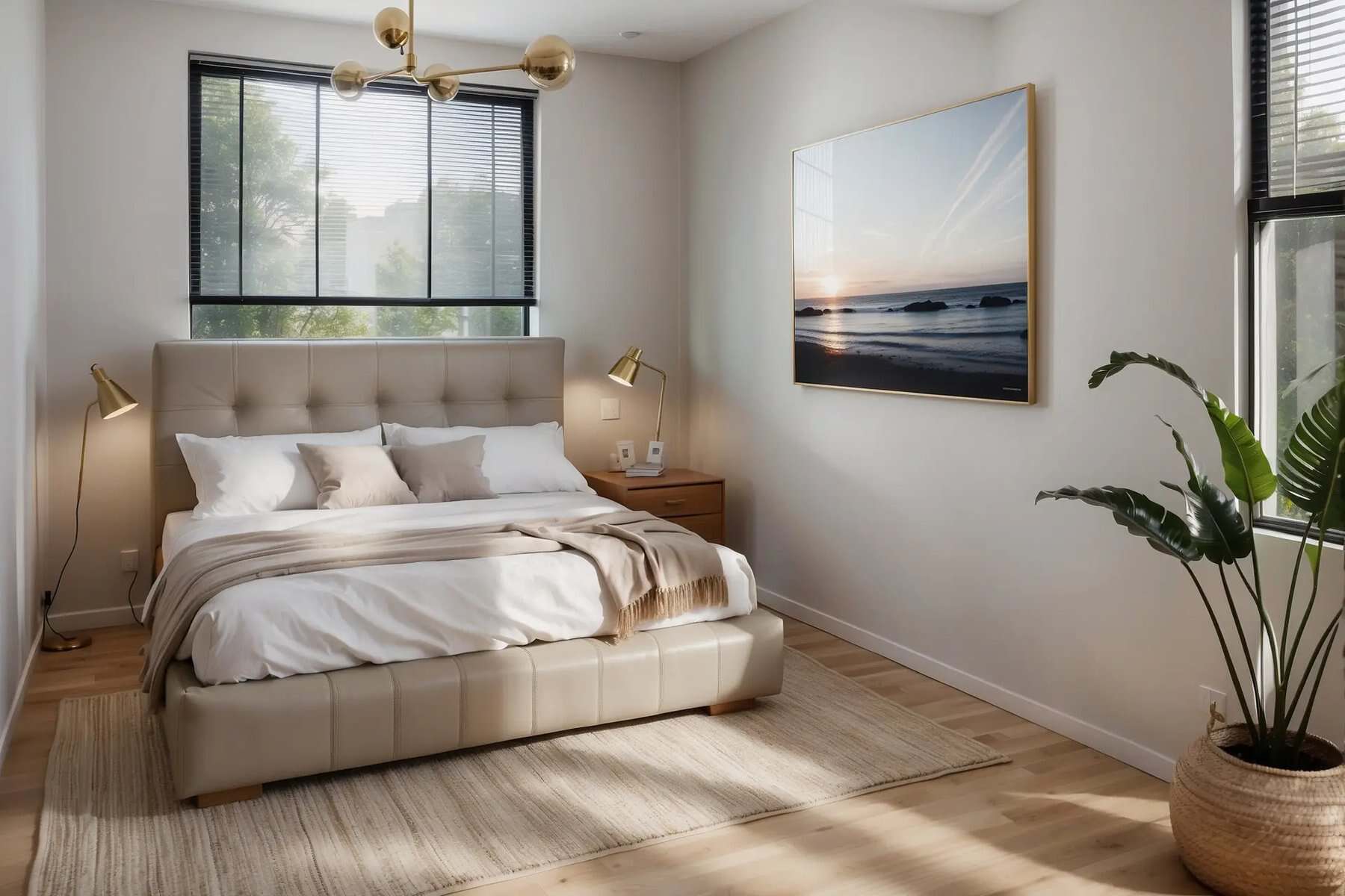 Nest Two bedroom with an upholstered bed under a large window and a potted plant in the corner