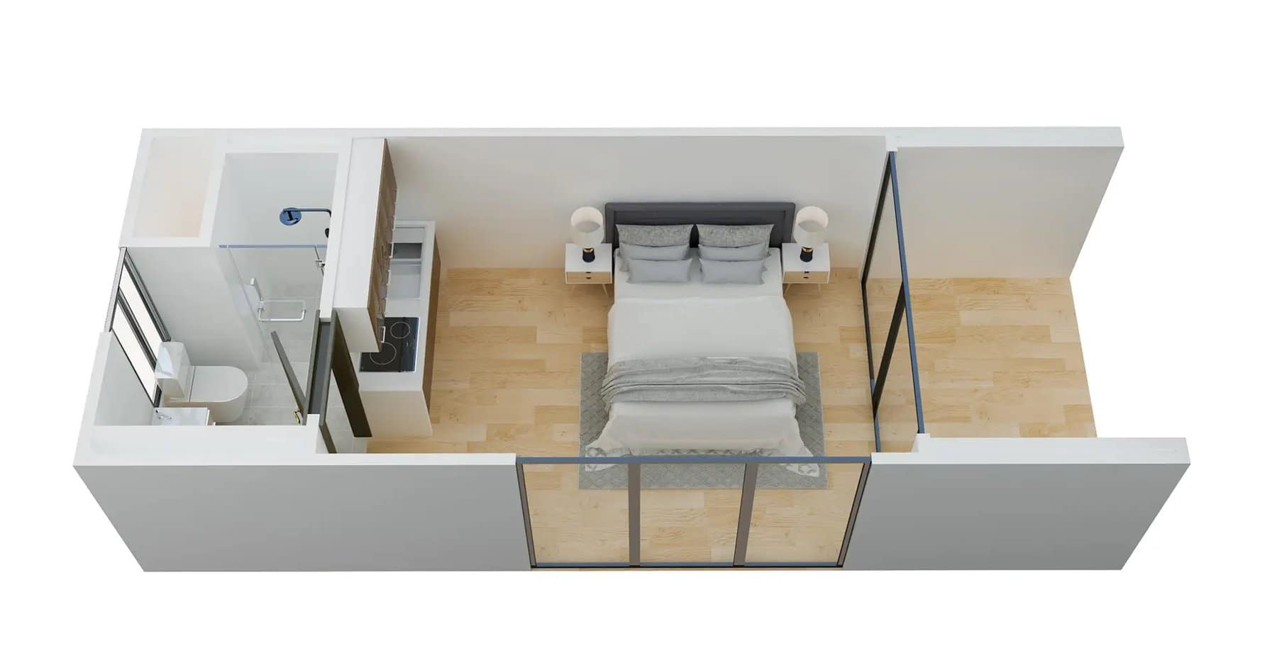3D cutaway rendering of the Nest Studio floor plan with a bed, bathroom, and wall of glass doors