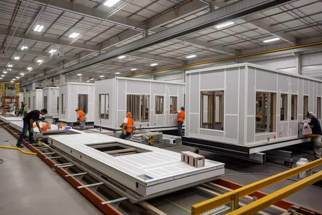 Workers assembling white modular ADU units on a factory production line