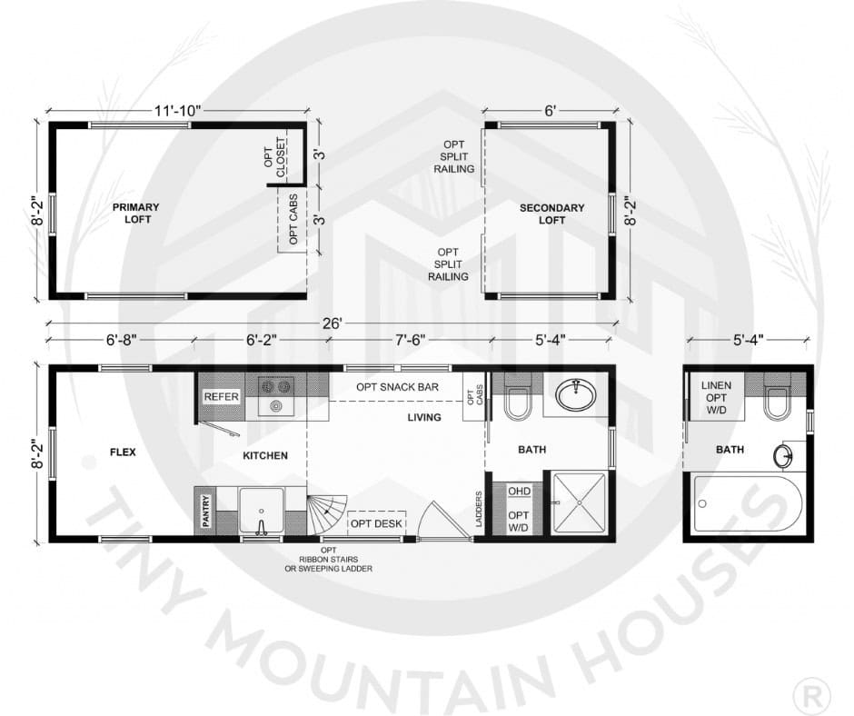 Floor plan of the 26-foot Nickolaus Ridge showing primary and secondary lofts, flex room, kitchen, living area, and bath
