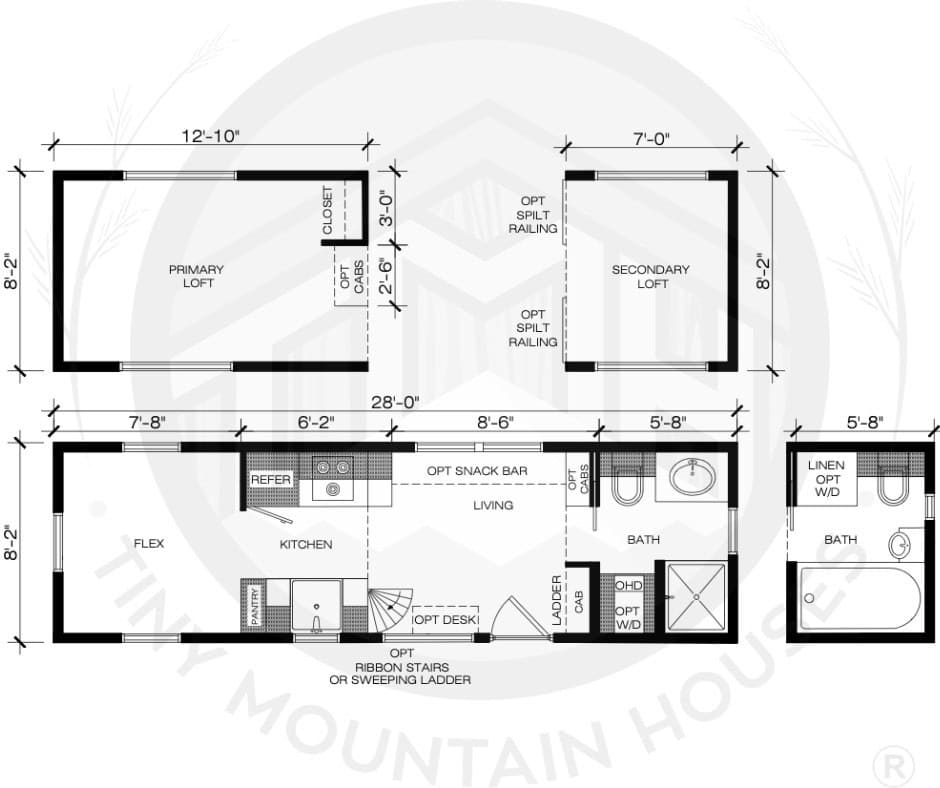 Floor plan of the 28-foot Nickolaus Ridge showing primary and secondary lofts, flex room, kitchen, living area, and bath