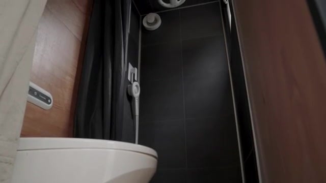 Wet bath with Cinderella toilet control panel, dark tile wall, handheld shower, and Nebia halo showerhead