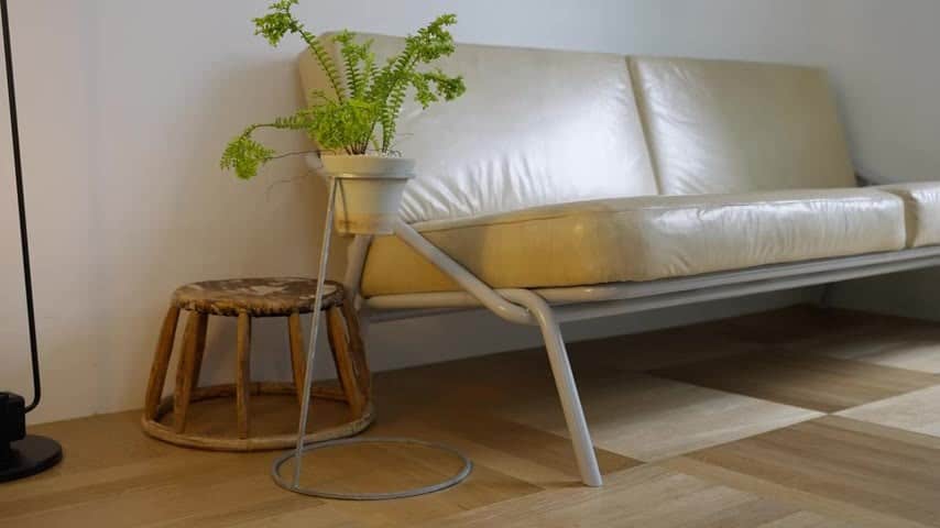 Living area with a sofa, desk, and shelves