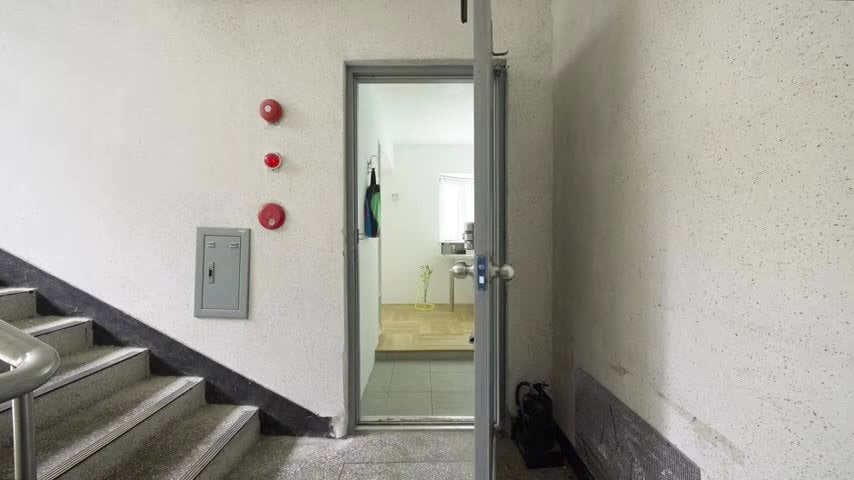 Common stair hall and the open apartment door, no unit number