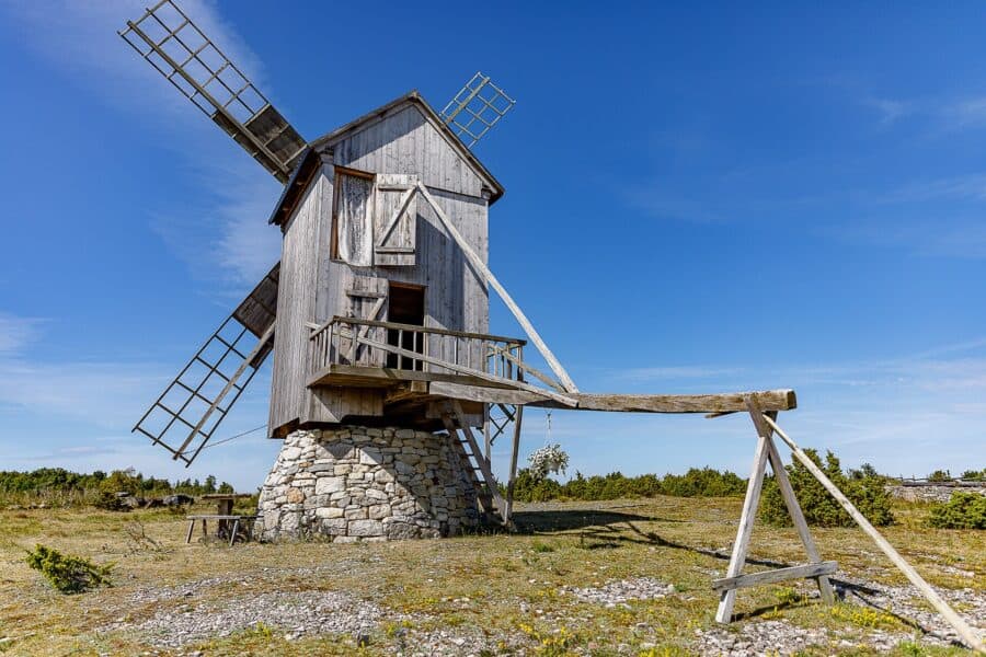 Ohessaare Tuulik: stone-base windmill with lattice sails and balcony on Saaremaa