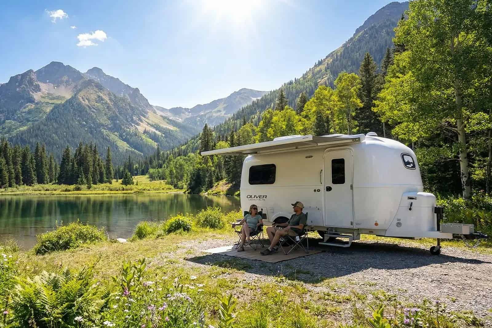 Oliver Legacy Elite II camped beside an alpine lake with mountain backdrop
