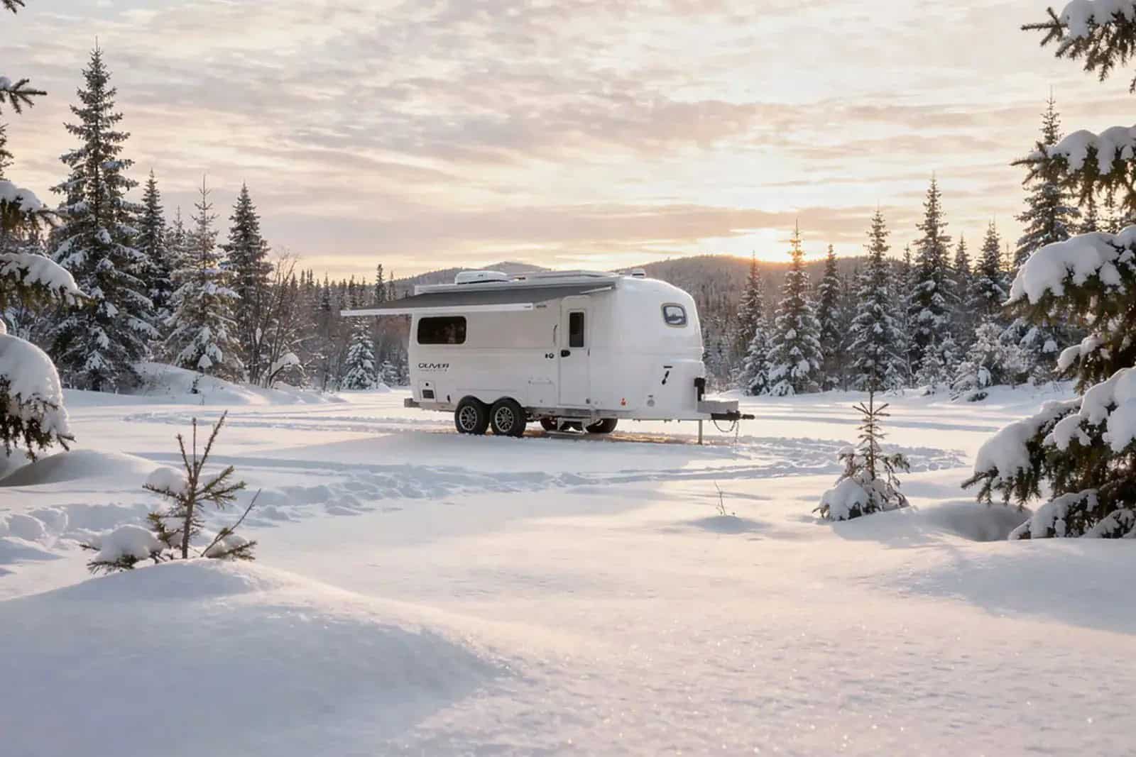 Oliver Legacy Elite II winter camping among snow-covered pines