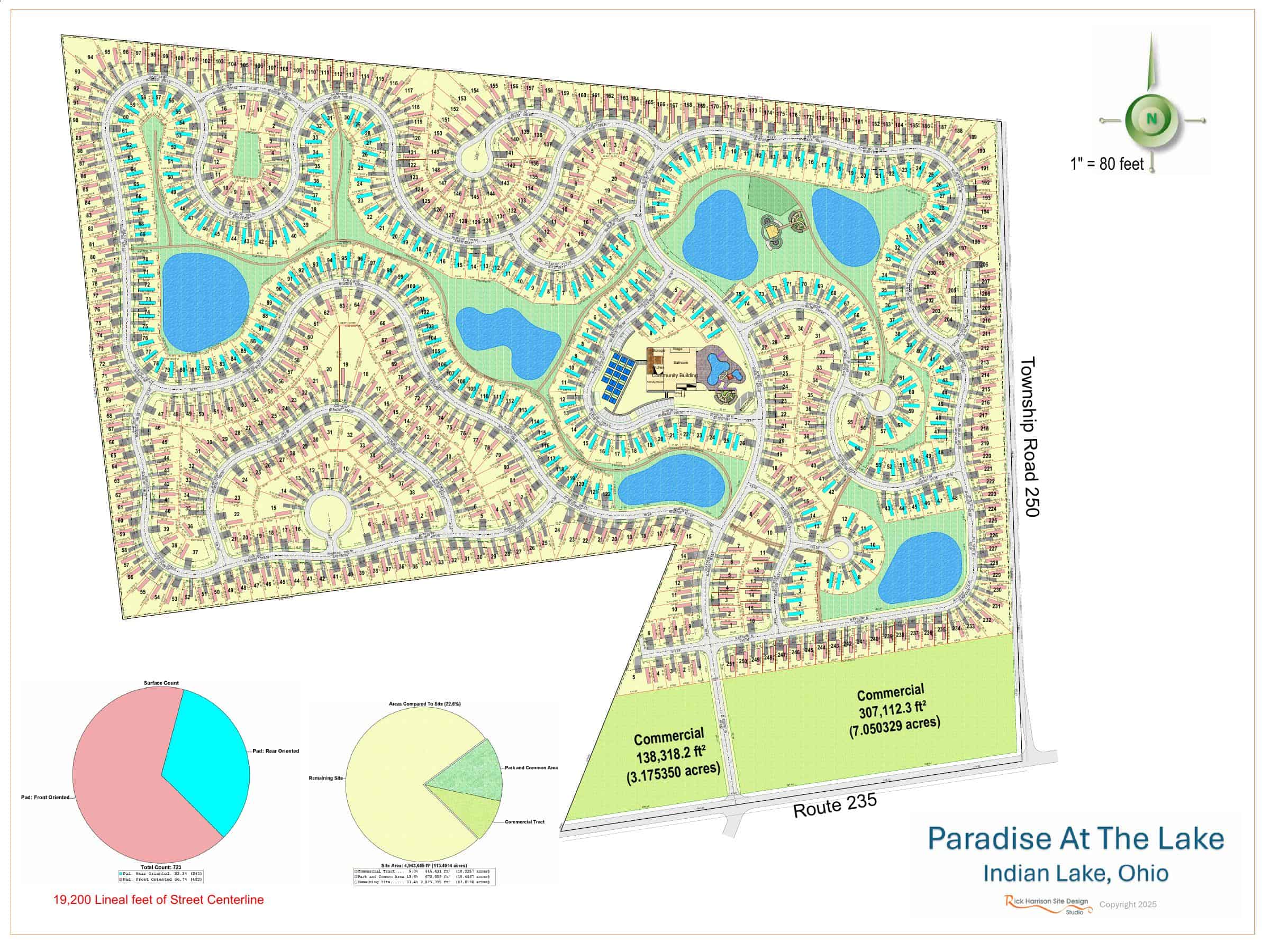 Official site plan titled Paradise At The Lake, Indian Lake, Ohio: winding streets, numbered lots, six ponds, pickleball courts, a community building and pool, and Route 235 along the south edge. A map, not a house photograph.