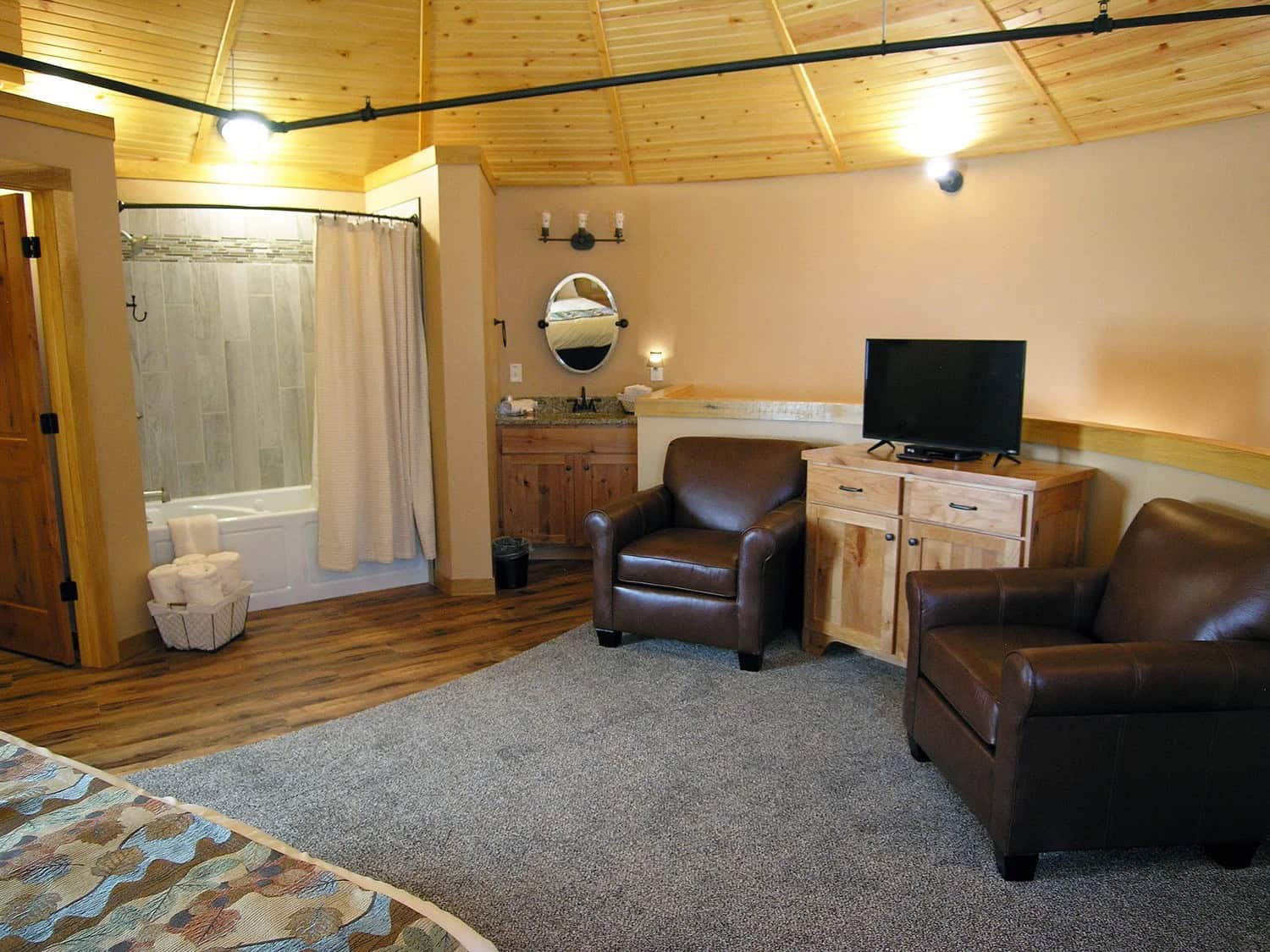 Full bath with jacuzzi tub and shower inside a Patoka Lake Winery Silo Suite