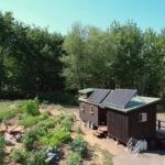 Aerial view of a shou sugi ban tiny house and matching workshop joined by a cedar deck, solar arrays on both roofs, garden, Patrick and husky Barley