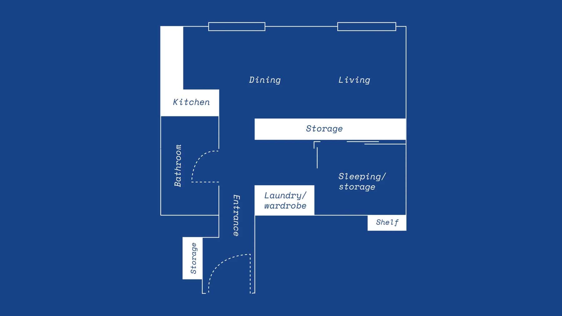 Floor plan of A Quilted House showing the kitchen, bathroom, sleeping alcove, laundry and wardrobe, dining, and living areas
