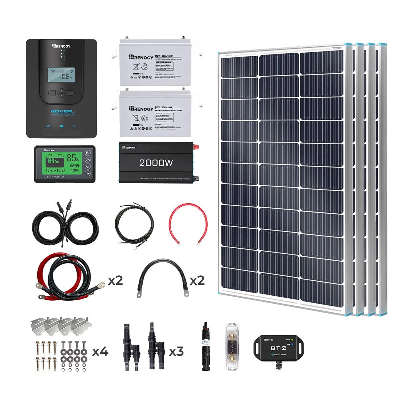 Renogy 400W complete all-in-one solar kit with panels, two lithium batteries, a 2000W inverter, charge controller, and wiring