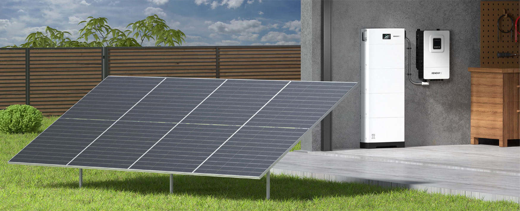 Renogy solar panel array beside a wall-mounted lithium battery and inverter for off-grid power