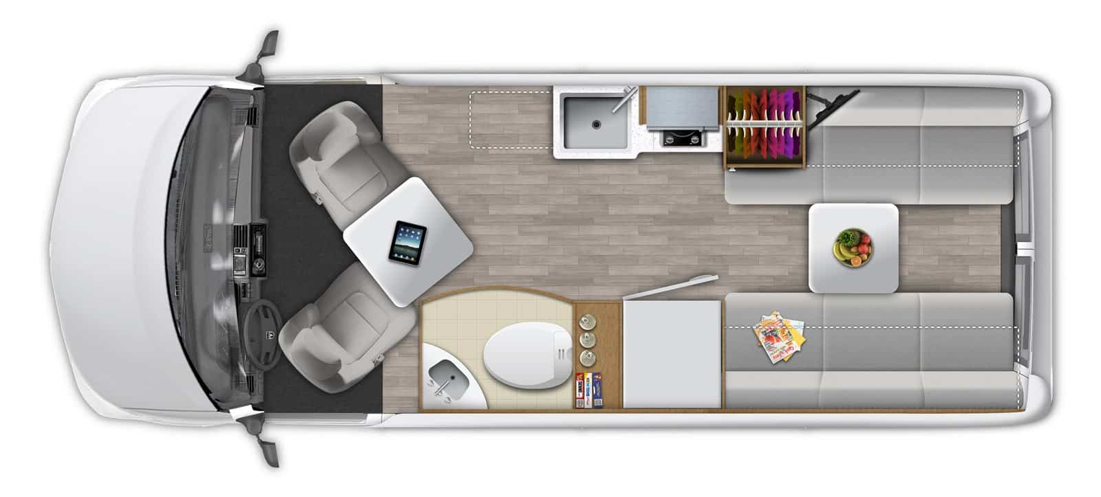 Zion floor plan in daytime mode with two side sofas and an open center aisle