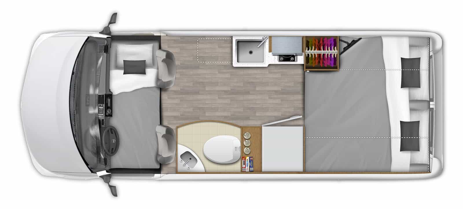 Zion night layout with a king bed across the rear and the optional cab mattress