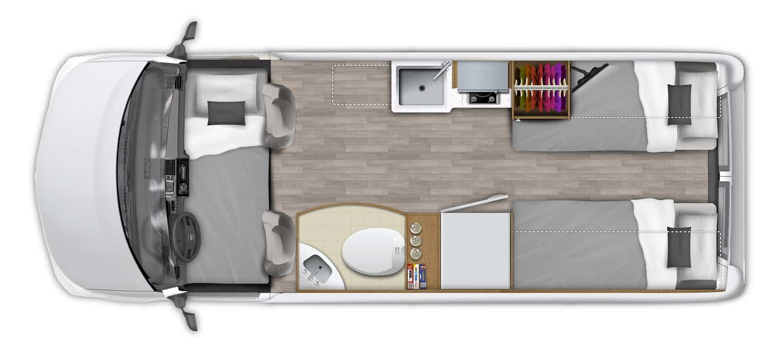 Zion night layout with two twin beds and the optional cab mattress