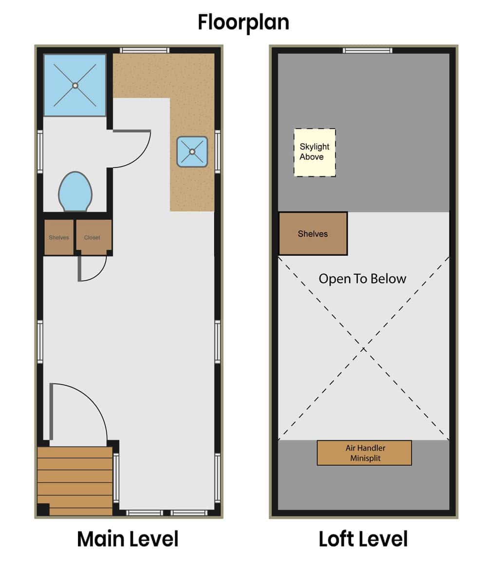 Floor plan of Ryan Mitchell's tiny house showing the main level with bathroom, kitchen, and entry, and the loft level with skylight and mini-split