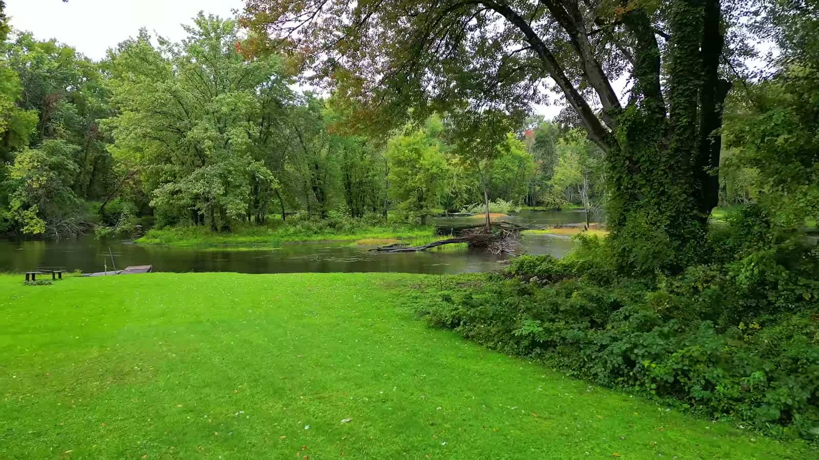 Green lawn leading down to tree-lined Fish Creek in Schuylerville, New York