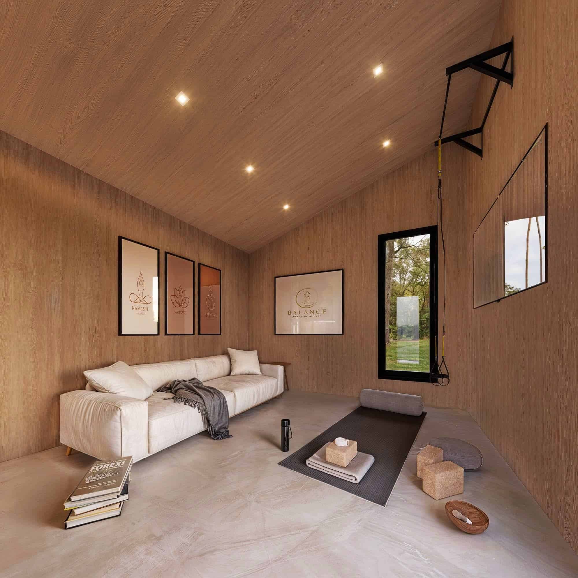 Tiny House Living Room - Minimalist Design with Wooden Walls and Cozy Seating.